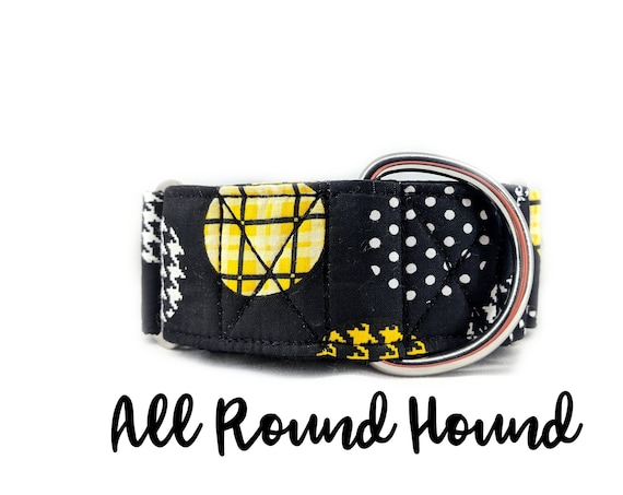Black and Yellow Martingale Dog Collar; Large polka dot pattern; 1", 1.5" and 2" widths available; made to order; silver hardware