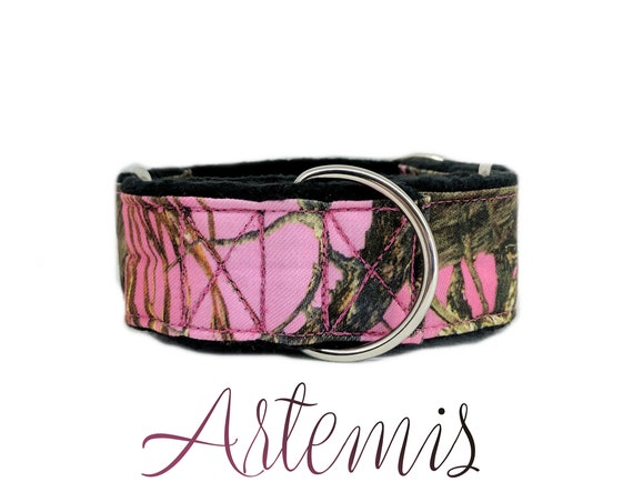 Pink Martingale Dog Collar: True Timber camouflage print; black satin lined; 1",1.5",2" widths available; adjustable length; silver hardware