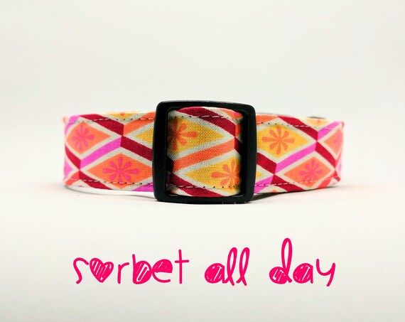 Buckle Dog Collar: Pink Geometric, girly dog collar. 1",1.5", 2" widths available. Side Release Style. Adjustable sizing. Satin Lined
