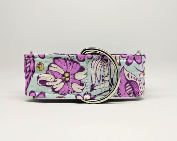 Flower print Martingale Dog Collar: purple floral on teal background, purple satin lined, adjustable, silver hardware
