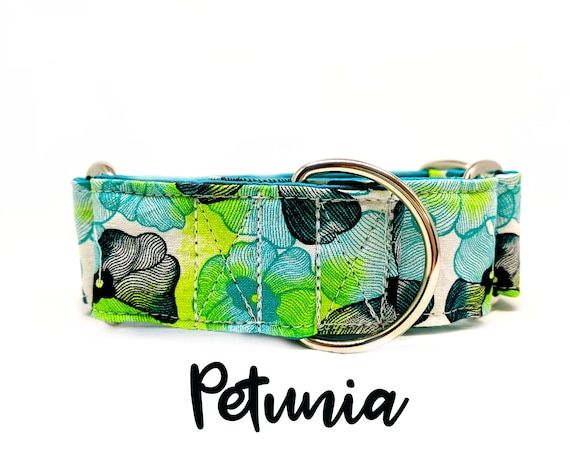 Flower Martingale Collar: Floral blue and green print, teal satin lining, 1", 1.5", 2" widths available, silver hardware, adjustable sizing
