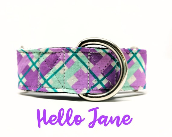 Martingale Dog Collar: Plaid/ Argyle, Purple and Blue. Girly dog collar. 1", 1.5", 2" widths availabe