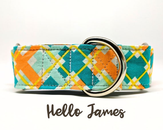 Martingale Dog Collar: Arglye Plaid Print in Orange and Teal. Silver Hardware. 1", 1.5", 2" widths available.