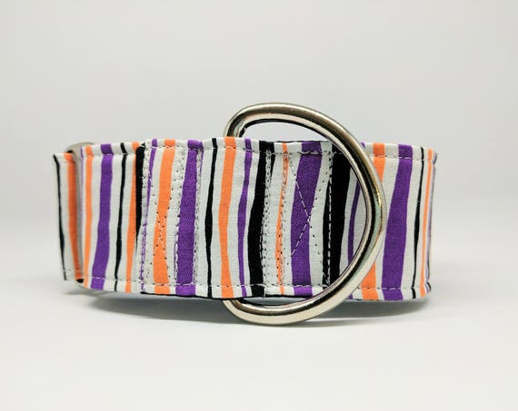 Halloween Martingale Dog Collar: Striped Purple, orange and black. Adjustable and satin lined