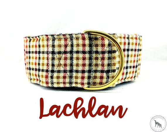 Beige Fall Plaid Martingale Collar: Brass Hardware; Burberry style print; satin lined; 1",1.5",2" widths available. Adjustable lengths