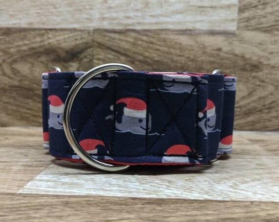 Santa Whales Christmas Dog Collar: Available in Martingale or Buckle Styles. Cute, modern play on christmas collar