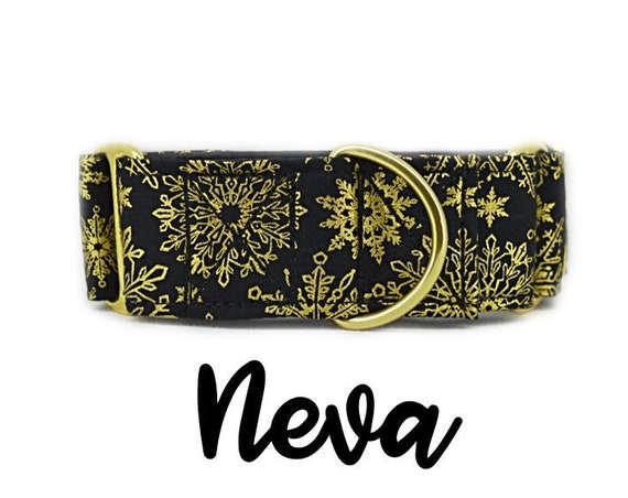 Gold Snowflake Martingale Dog Collar: Brass hardware; black satin lined; Gold metallic print; 1", 1.5", 2" width