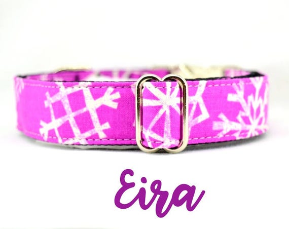 Buckle Dog Collar: Purple / fuchsia Snowflakes Winter, Holiday, Christmas Pattern, adjustable length, 1", 1.5", 2" width, satin lined