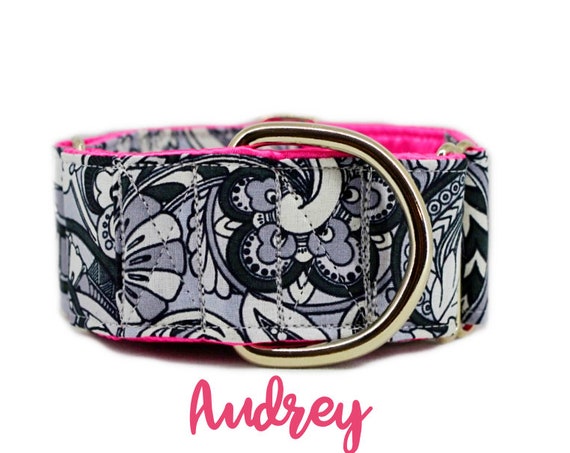 Paisley Martingale Dog Collar; Black and Grey Swirls; Hot pink satin lining; 1",1.5",2" widths available; adjustable lengths; girly pattern