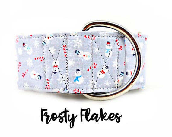 Snowmen Martingale Collar: Grey Sparkle with snowflakes and candy canes; 1",1.5",2" widths; adjustable lengths; satin lined; Christmas