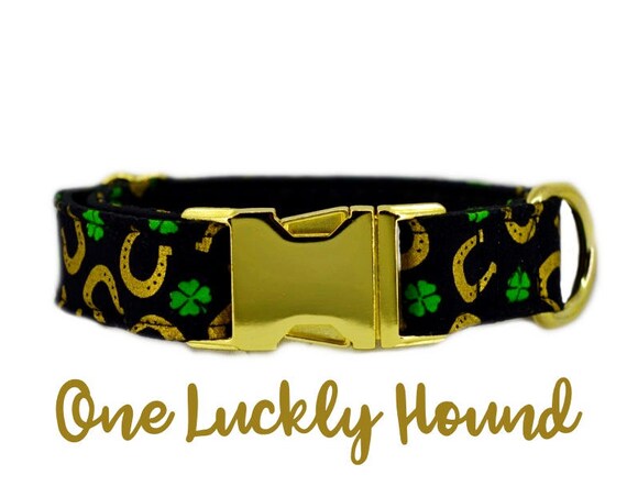 Brass buckle Dog Collar: Shamrock, Lucky Dog, Golden Horseshoes; St Patrick's Day; 1",1.5",2" widths available; Brass Hardware; satin lined