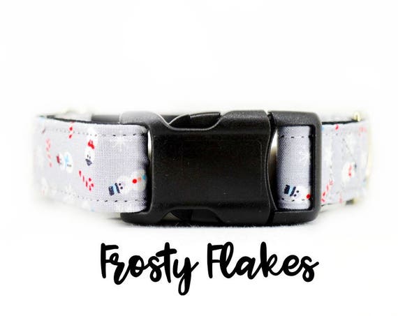 Snowmen Dog Collar: Grey Sparkle with snowflakes and candy canes; 1",1.5",2" widths; adjustable lengths; satin lined; Christmas