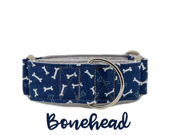 Blue Bone Martingale Dog Collar: Dark Blue, Boy Collar; Dog Bone; 1", 1.5", 2" widths available; grey satin lined; silver hardware