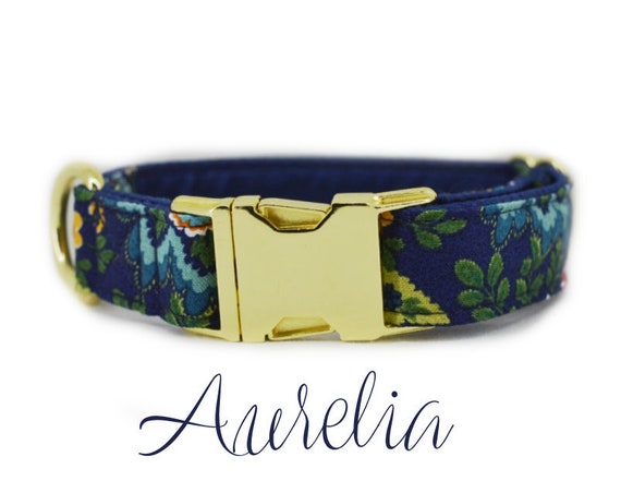 Fall Floral Buckle Dog Collar: 1" Brass Hardware; Dark blue satin lining; Customizable