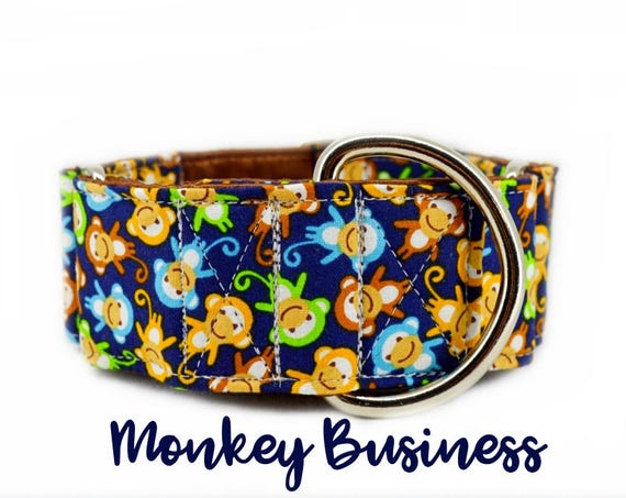 Martingale Dog Collar: Monkey pattern; multi-colour; cute pattern; brown satin lining; available in 1", 1.5", 2" widths; adjustable lenghts