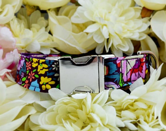 Floral silver buckle Dog Collar: Bright flower print; Garden Party; Purple satin lined; 1" width; SILVER HARDWARE; matching accessories