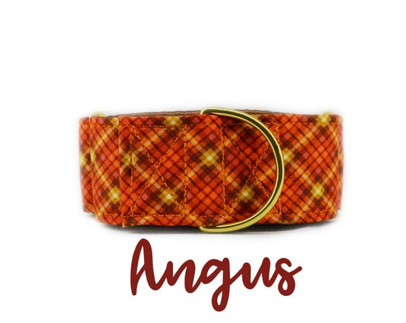 Orange Plaid Fall Martingale Dog Collar: Brass Hardware; Brown satin lined; Adjustable lengths; Made to order; Customizable