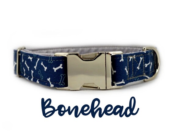 Blue Bone Silver Buckle Dog Collar: Dark Blue, Boy Collar; Dog Bone; 1" width; grey satin lined; silver hardware