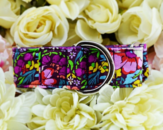 Flower Martingale Dog Collar: Bright floral print; Garden Party; Purple satin lined; 1", 1.5", 2" widths available; SILVER HARDWARE