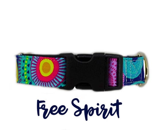 Side release Buckle Dog Collar: Vivid, retro print, bright and colourful, girly pattern; 1",1.5",2" width; satin lined; silver hardware
