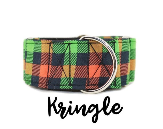 Red and Green Plaid Martingale Dog Collar: Christmas plaid pattern; multiple widths available; silver hardware
