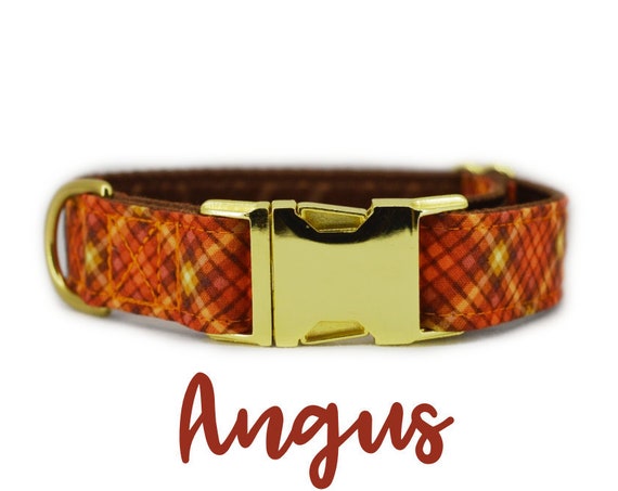 Orange Plaid Fall Dog Collar: Brass Buckle Hardware; Brown satin lined; Adjustable lengths; Made to order; Customizable