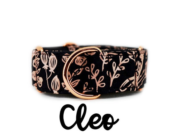 Floral Rose Gold Martingale Dog Collar: Metallic pink and black flower print; pink gold; satin lined; customizable