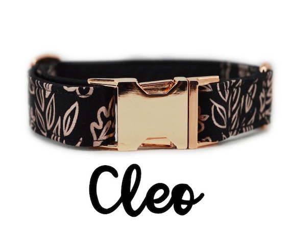 Floral Rose Gold Buckle Dog Collar: Metallic pink and black flower print; pink gold; satin lined; customizable