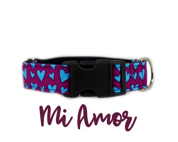 Purple Dog Collar: Blue Hearts, Girly, Valentines, Love Pattern; buckle; 1",1.5", 2" widths available; black satin lined; silver hardware