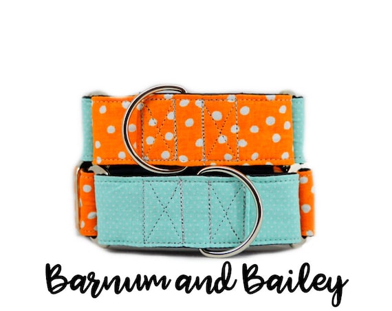 Orange and Teal Martingale Dog Collars; Polka-dot print; co-ordinating collars; 1",1.5", 2" widths; adjustable lengths; satin lining