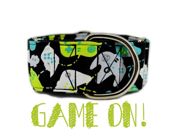 Gamer Martingale Dog Collar; video game themed; black satin lined; silver hardware; adjustable lengths; 1" , 1.5", 2" widths available