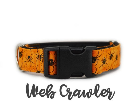 Orange Halloween Spider Buckle Dog Collar; Black satin lined; silver hardware; adjustable lengths