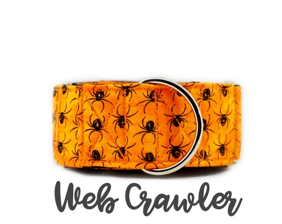 Orange Halloween Spider Martingale Dog Collar; Black satin lined; silver hardware; adjustable lengths