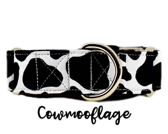 Cow print Martingale Dog Collar: Spotted, Farm themed buckle collar; satin lined; 1", 1.5", 2" widths; adjustable lengths; made to order