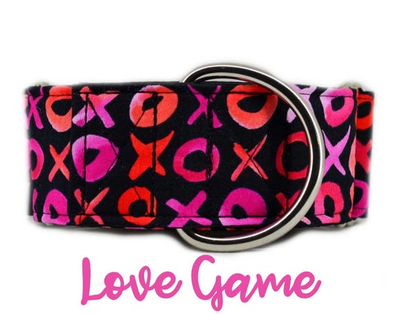 Valentines Martingale Collar: X's and O's; Pink Girl Love Pattern ; 1",1.5",2" widths available; adjustable length; black satin lining