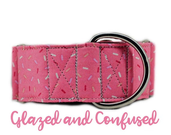 Martingale Dog Collar: Pink Sprinkle Donut Print; Girl Collar; 1",1.5",2" widths available; black satin lining; silver hardware; birthday