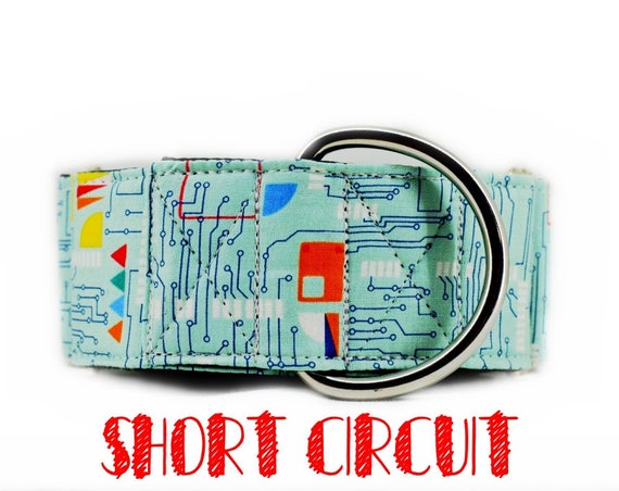 Martingale dog collar: blue Circuit board, geeky computer print; black satin lined; available in 1",1.5",2" widths, adjustable lengths