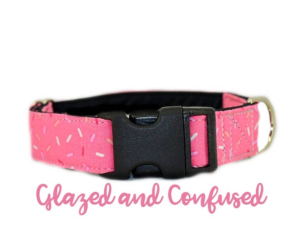 Buckle Dog Collar: Pink Sprinkle Donut Print; Girl Collar; 1",1.5",2" widths available; black satin lining; silver hardware; birthday