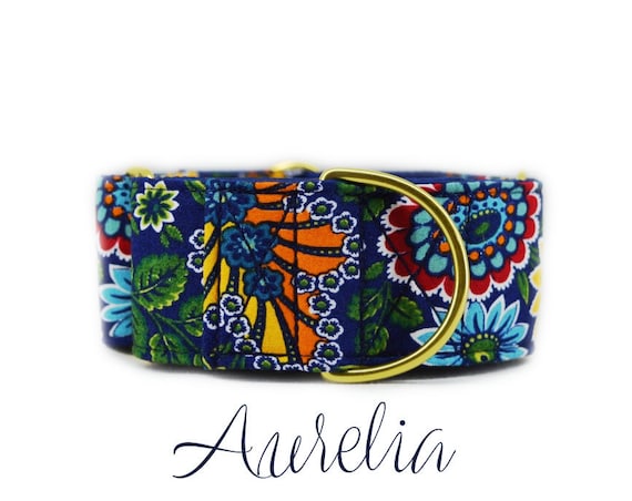 Fall Floral Martingale Dog Collar: Brass Hardware; Dark blue satin lining; Customizable