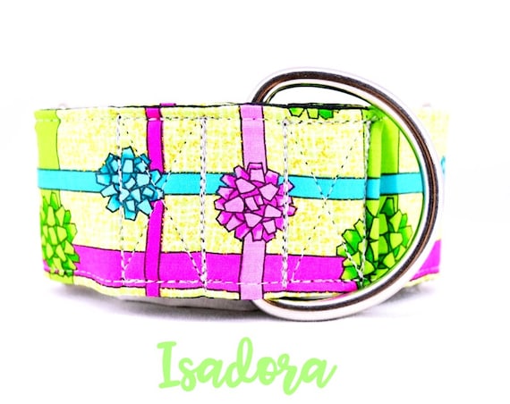 Martingale Dog Collar: Gift, bows, holidays, christmas theme collar; adjustable lengths; 1", 1.5", 2" widths, silver hardware. satin lining