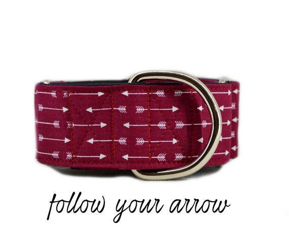 Arrow Martingale Dog Collar: Maroon/ Burgundy; satin lined; 1",1.5",2" widths available; adjustable length; perfect for greyhound & training