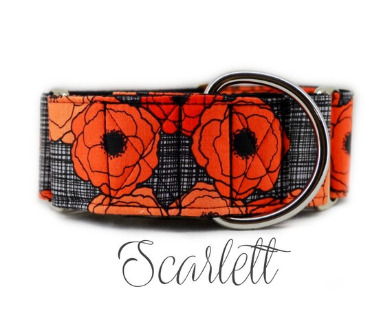 Red Poppy Martingale Dog Collar: Fall floral print; Made to order; adjustable lengths