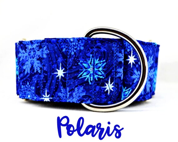 Martingale Dog Collar: Winter Blue Snowflake Pattern; satin lined, adjustable length. 1", 1.5" and 2" widths available. SILVER HARDWARE
