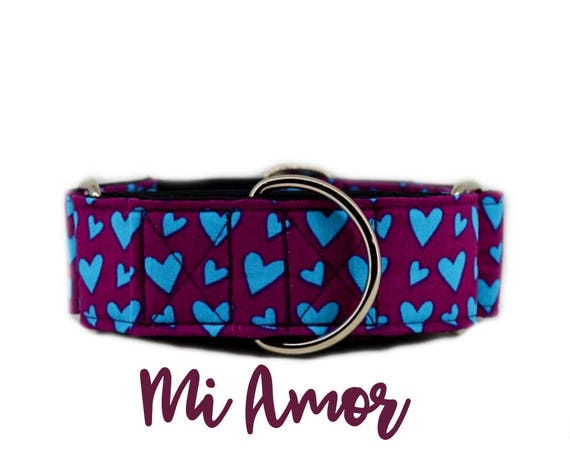 Valentines Martingale Collar: Blue Hearts, Girly, Valentines, Love Pattern; 1",1.5", 2" widths available; black satin lined; silver hardware