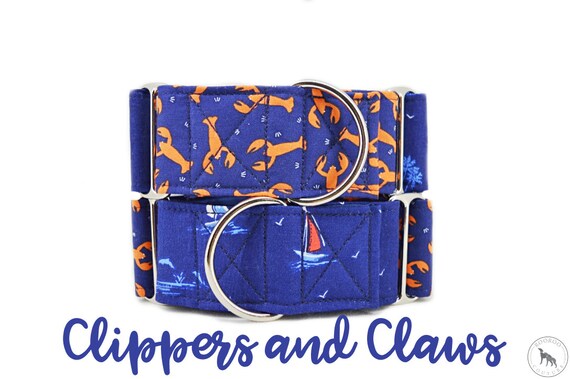 Lobsters and Sailboats Martingale Dog Collar: Blue Nautical two pattern theme; silver hardware; satin lined