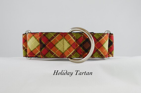 Christmas Tartan Dog Collar: Buckle, Martingale Adjustable dog collar. Plaid Holiday Collar, Gold metallics