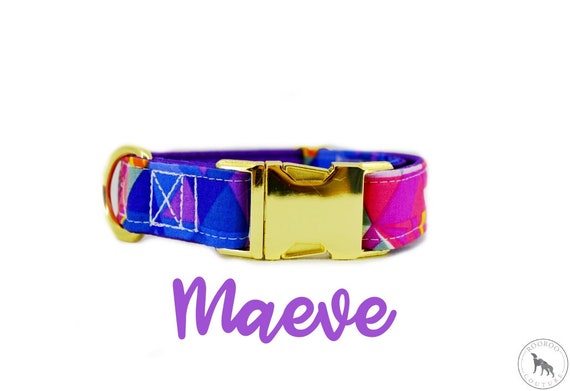 Brass Buckle Dog Collar: bright geometric purple prism; purple satin lined; adjustable lengths; 1" , 1.5" 2" widths available