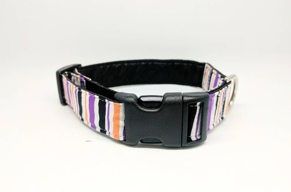 Halloween Dog Collar: Striped Purple, orange and black. Adjustable, buckle style, satin lined