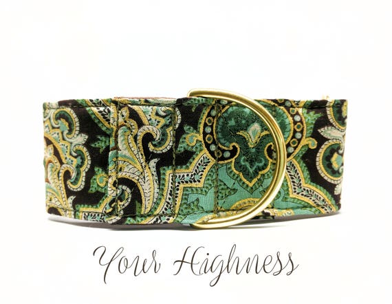 Martingale Dog Collar: Green, Gold and Brown, Paisley, Brass Hardware; 1",1.5", 2" widths available