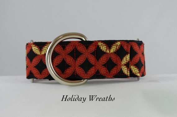 Holiday Wreaths dog Collar: Martingale or Buckle adjustable collar. Red and Gold Wreaths on black background